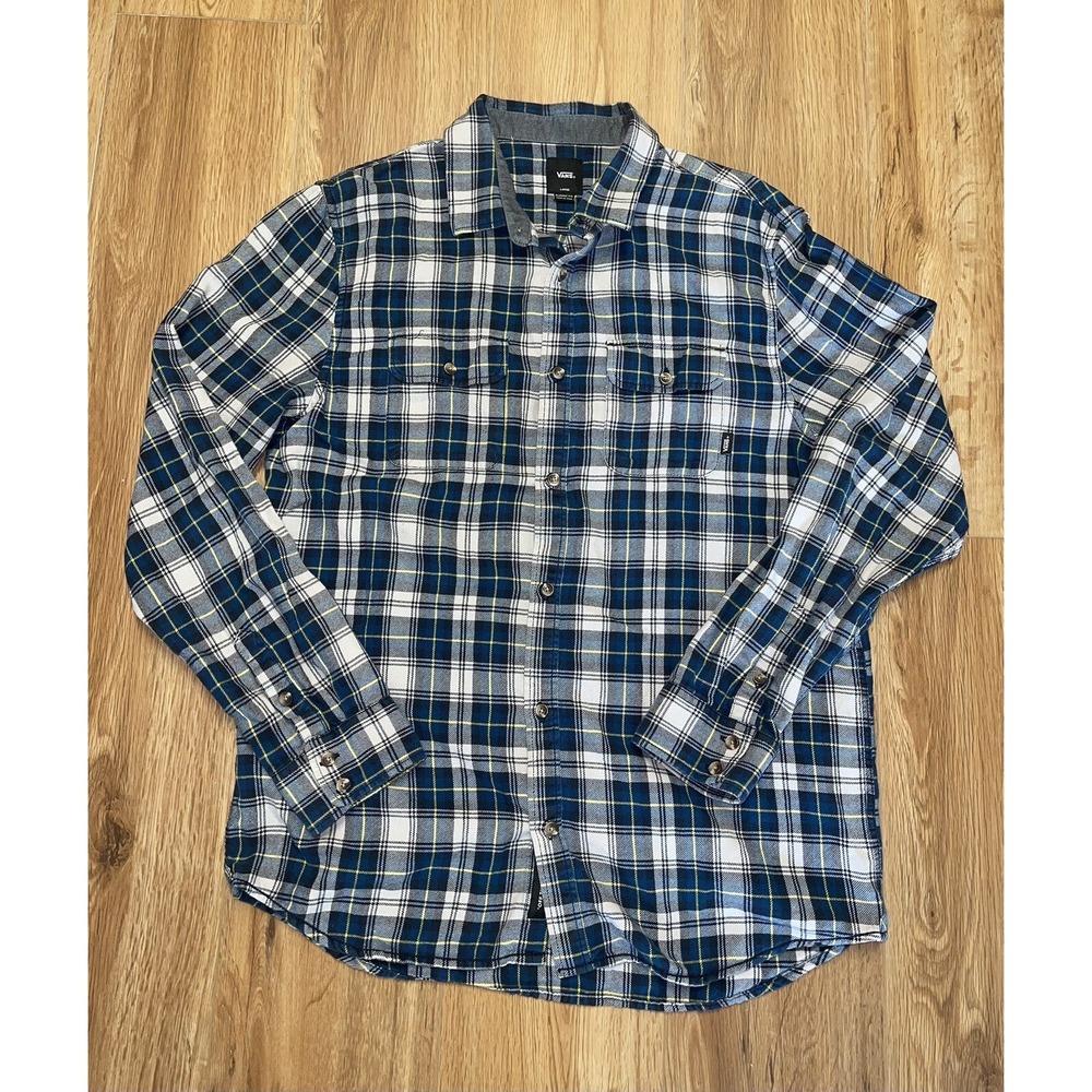 Vans Off The Wall Men's Blue Green Plaid Long Sleeve Flannel Shirt Size Large
